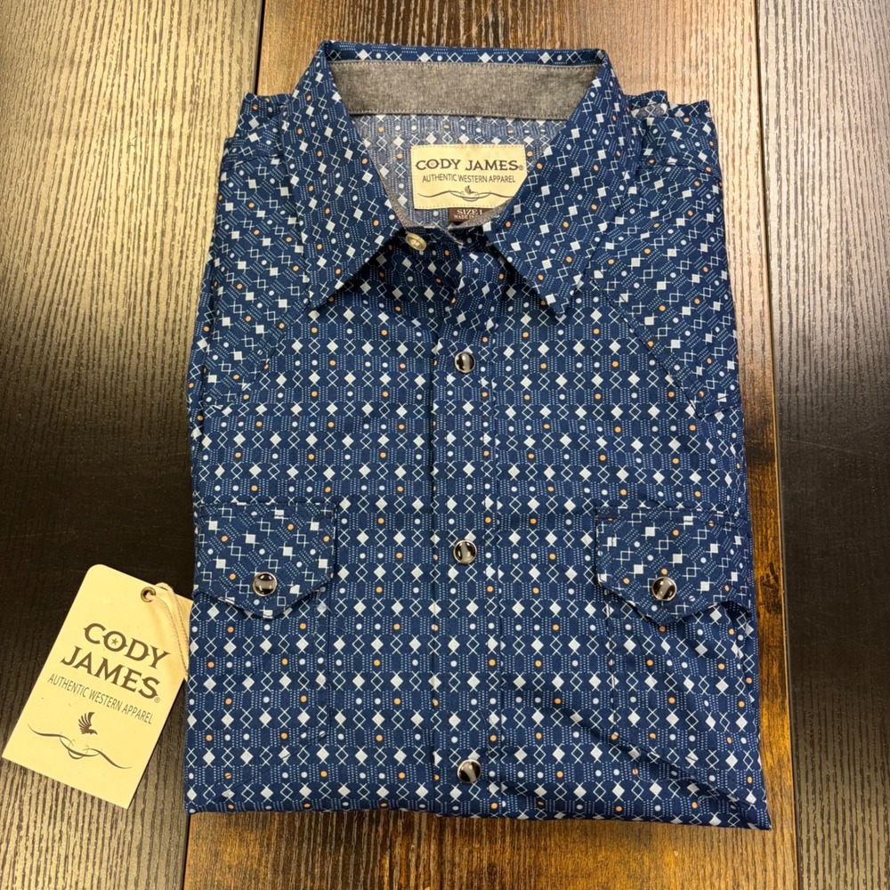 Cody James Mens Blue Geometric Western Short Sleeve Snap Button Down Shirt L NEW